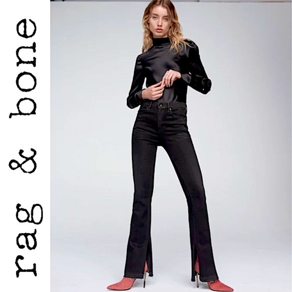 Rag & Bone Bella Slit Hem Flare Jeans Worn Black 24 High Rise Raw Hem Retro